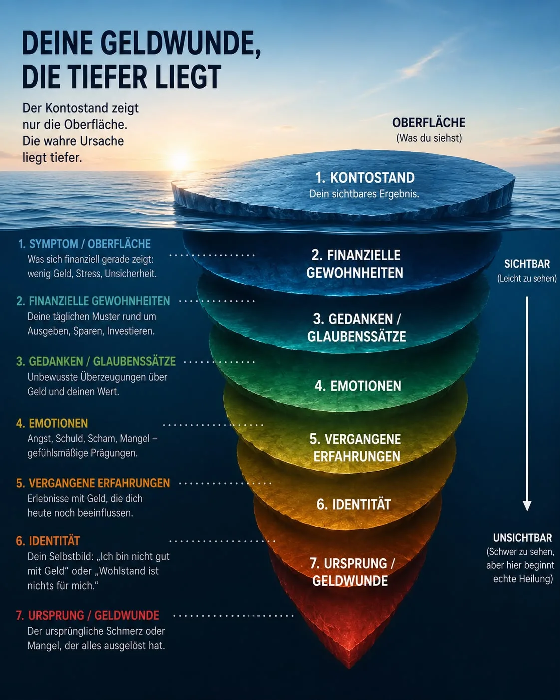 Illustration eines Eisbergs mit sieben Schichten, die von sichtbarem Verhalten bis zur unsichtbaren Geldwunde reichen